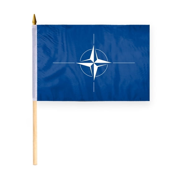 AGAS Small NATO North Atlantic Treaty Organization Atlantic Alliance Flag 12x18 inch - 24 inch Wood Pole Polyester Fabric Double Stitched Handheld Mini NATO Flag on Stick