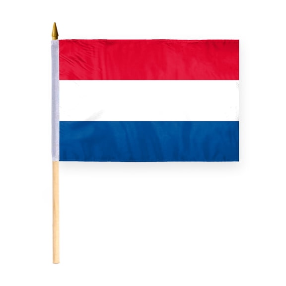AGAS Small Netherlands National Flag 12x18 inch mounted onto 24 inch Wood Pole Polyester Fabric Double Stitched Handheld Mini Holland Dutch Flag on Stick