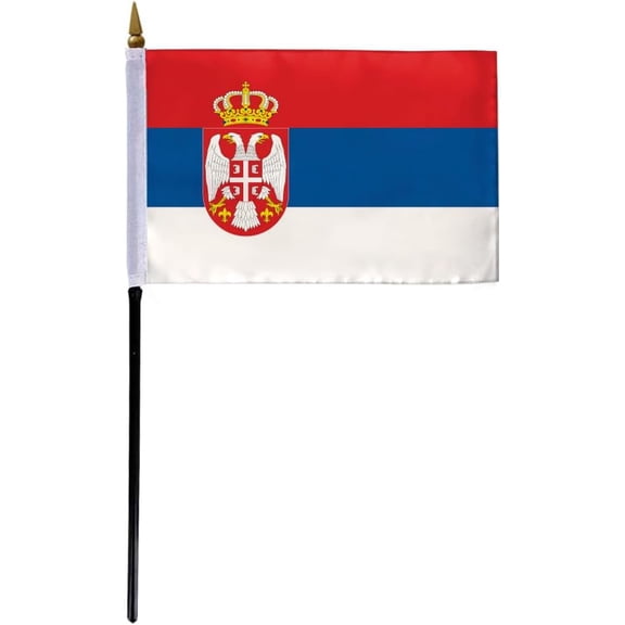 AGAS Small Serbia with Official Seal Flag 4x6 inch mounted onto 11 inch Plastic Pole Polyester Fabric Stitched Edges Serbia Desk Flags