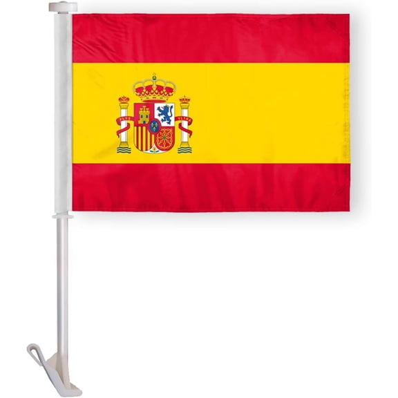AGAS Spain Car Flag Premium 10.5x15 inch Printed Double Sided on Super Knit Polyester Fabric Double Stitched 19 Inch White Plastic Unbreakable Stiff Pole High Visibility Spanish Car Flag