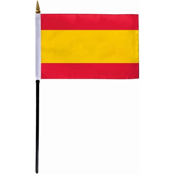 AGAS Spain No Seal Flag 4x6 inch - 11" Plastic Pole 100% Outdoor Polyester Stitched Edges Spanish Mini Flag on a Stick
