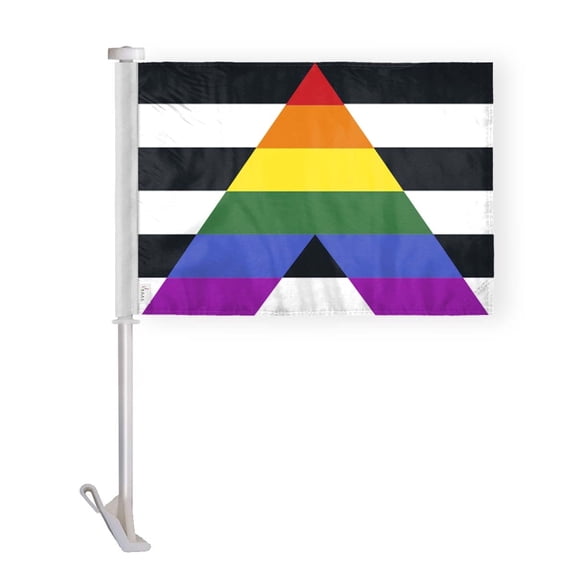 AGAS Straight Ally Rainbow Car Window Flag 10.5x15 inch - Double Side Printed Wrap Knitted Polyester - 19 Inch White Plastic Unbreakable Pole Car Flag