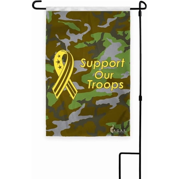 AGAS Support Our Troops Camouflage Garden Flag - 18 x 12 inch Printed Single Sided 200D Nylon - 18 inch Sewn Nylon Sleeve with Stitched Edges - U.S. Military Yard Dcoration - Pole not Included