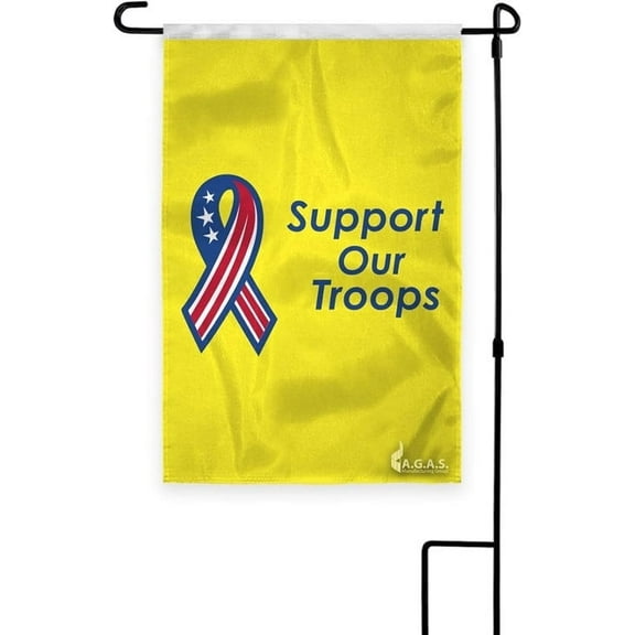 AGAS Support Our Troops Garden Flag - 18 x 12 inch Printed Single Sided 200D Nylon - 18 inch Sewn Nylon Sleeve with Stitched Edges - US Military Yellow Ribbon Yard Décoration