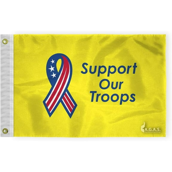 AGAS Support our Troops Flag - 12x18 inch - Printed Single Sided 200D Nylon Canvas Header Two Brass Grommets Indoor/Outdoor Yellow Ribbon Flag.