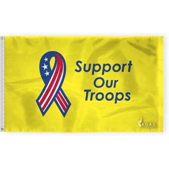 AGAS Support our Troops Flag - 3x5 Ft - Printed Single Sided 200D Nylon Canvas Header Two Brass Grommets Indoor/Outdoor Yellow Ribbon Flag.