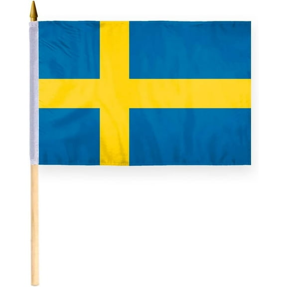 AGAS Sweden Flag 12x18 inch - 24" Wood Pole 100% Polyester Double Stitched Swedish Mini Handheld Flag