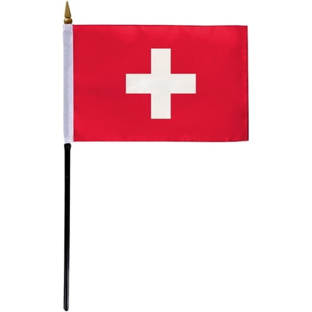 AGAS Swtizerland Flag 4x6 inch - 11" Plastic Pole 100% Polyester Stitched Edges CH Swiss Mini Flag on a Stick