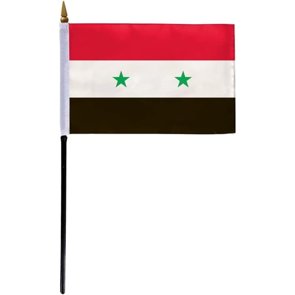 AGAS Syria Flag 4x6 inch - 11" Plastic Pole 100% Polyester Stitched Edges Syrian Arab Republic Mini Flag on a Stick