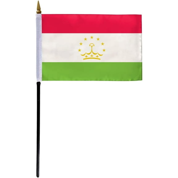 AGAS Tajikistan Flag 4x6 inch - 11" Plastic Pole 100% Polyester Stitched Edges Tajik Mini Flag on a Stick