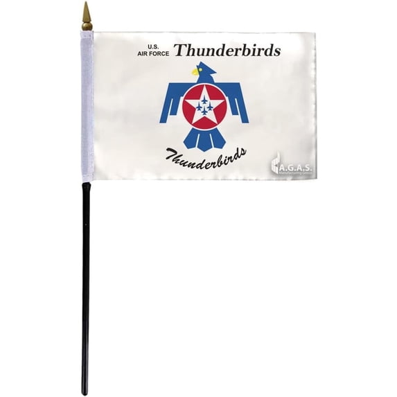 AGAS Thunderbirds Stick Flag - 4x6 inch - Special Military Flags - Printed Polyester - Mounted on 11" x 3/16" dia Black Plastic Pole with Gold Ball Spear Top-Handheld Flag.