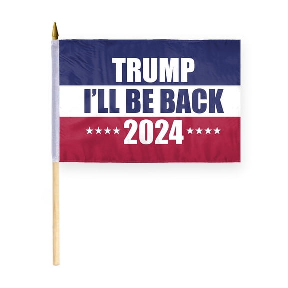 AGAS Trump 12x18 Inch Stick Flag - Red, White & Blue Flag - 100% Polyester with 24 Inch Natural Wood Pole - Durable and Vibrant for Trump 2024 Support