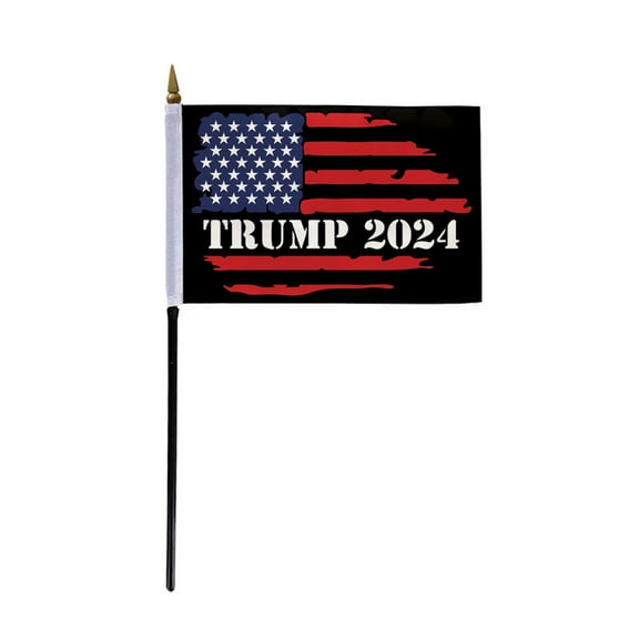 AGAS Trump 4x6 Inch Stick Flag - Black, White and Blue - 100% Polyester with 11 Inch Plastic Pole - Single Ply Reverse Print - Ideal for Trump 2024 Support