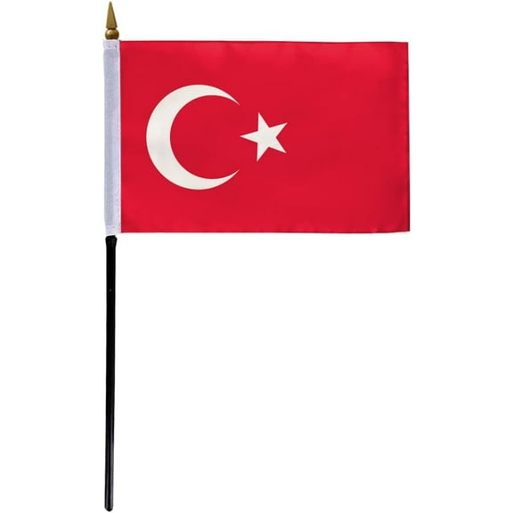 AGAS Turkey Flag 4x6 inch - 11" Plastic Pole 100% Polyester Stitched Edges Turkish Mini Flag on a Stick