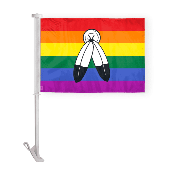 AGAS Two-Spirit Rainbow Car Window Flag 10.5x15 inch - Double Side Printed Wrap Knitted Polyester - 19 Inch White Plastic Unbreakable Pole Car Flag