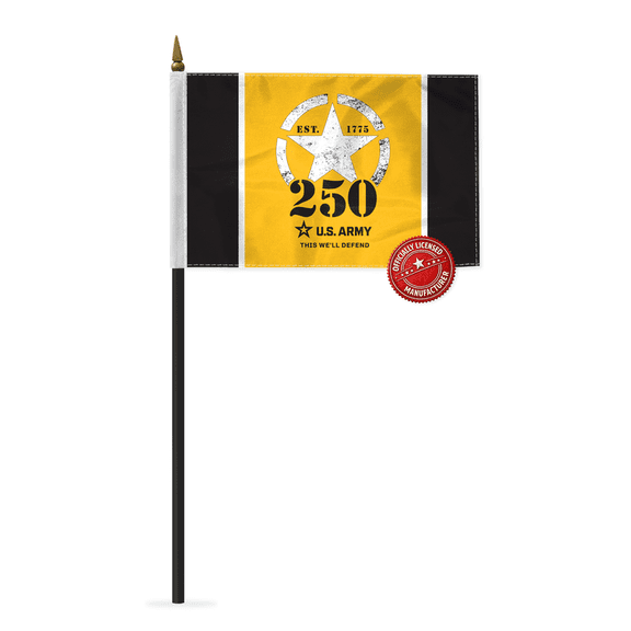 AGAS US Army 250 Anniversary Stick Flag 4 x 6 inch Single Sided Nylon with 11" Pole, Base