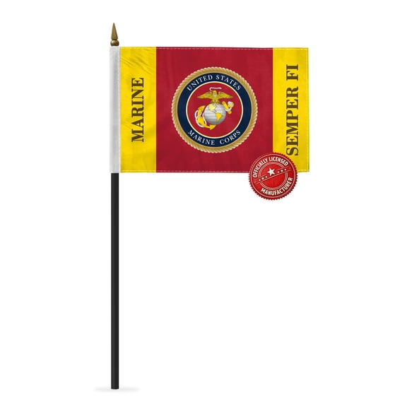 AGAS USMC Semper Fi Stick Flag 4 x 6 inch Printed Single Sided Polyester Flag w 11" Pole, Base
