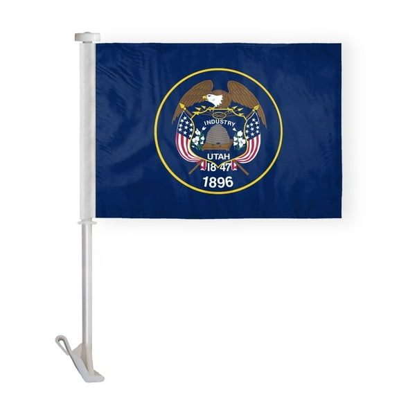 AGAS Utah State Car Window Flag 10.5x15 inch - Double Side Printed Knitted Polyester - 19 Inch White Plastic Unbreakable Pole Tough Utah Car Flag