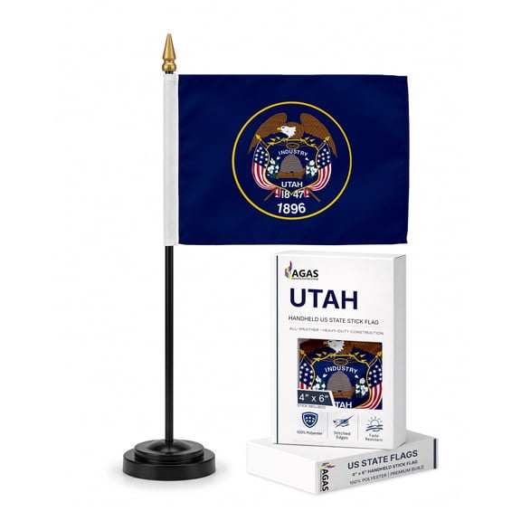 AGAS Utah Stick Flag 4x6 Inch with 11 inch Plastic Pole - Double Sided Printed Polyester - State of Utah Small Flag on Stick