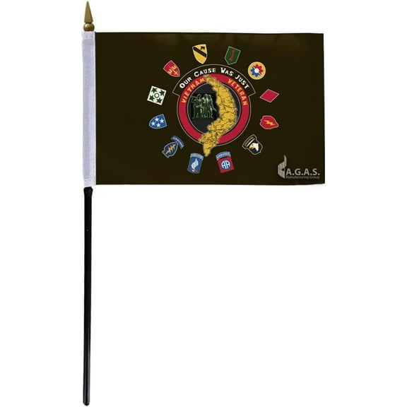 AGAS Vietnam Insignia Stick Flag - 4x6 inch - Special Military Flags - Printed Polyester - Mounted on 11" x 3/16" dia Black Plastic Pole with Gold Ball Spear Top-Handheld Flag.
