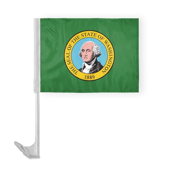 AGAS Washington State Car Window Flag 12x16 Inch - Printed Polyester - 17 Inch White Plastic Flex Pole State of Washington Car Flag