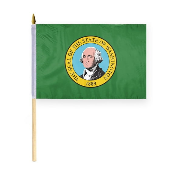 AGAS Washington Stick Flag 12x18 Inch with 24 inch Wood Pole - Printed Polyester - State of Washington Handheld Desk Flag Small Washington Flag