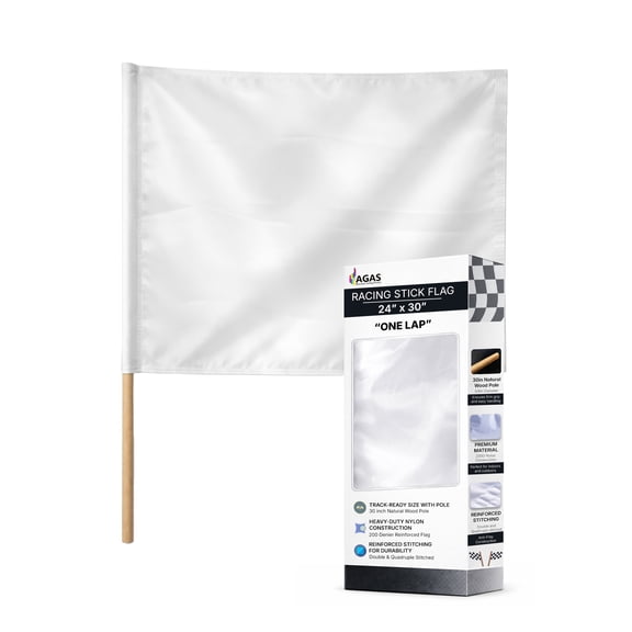 AGAS White Racing Flag One Lap to Go Stick Flag 24x30 inch - Mounted on 30 inch Natural Wood Pole - Printed Single Sided on Heavy Duty 200D Nylon - Large White Flag - Sports Professional Racing Flags