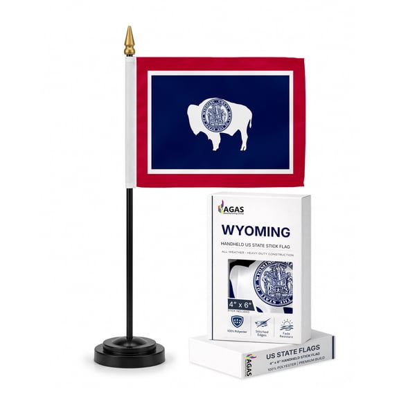 AGAS Wyoming Stick Flag 4x6 Inch with 11 inch Plastic Pole - Double Sided Printed Polyester - State of Wyoming Small Flag on Stick
