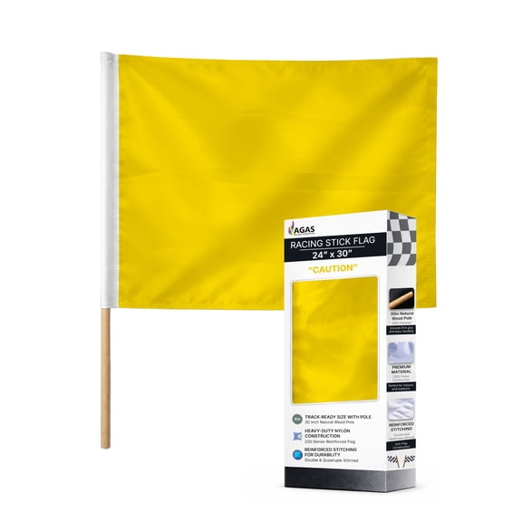 AGAS Yellow Racing Caution Flag 24x30 inch– Heavy Duty Nylon, 30 in Wood Pole, Bright Single Side.