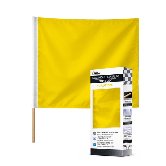 AGAS Yellow Racing Caution Flag 30x30 inch– Heavy Duty Nylon, 36 inch Wood Pole, Bright Single Side.
