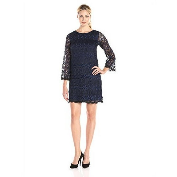 AGB Women's Scalloped Lace Slight Bell Sleeve A Line Dress Round Neckline Straight Hemline, Navy, 14