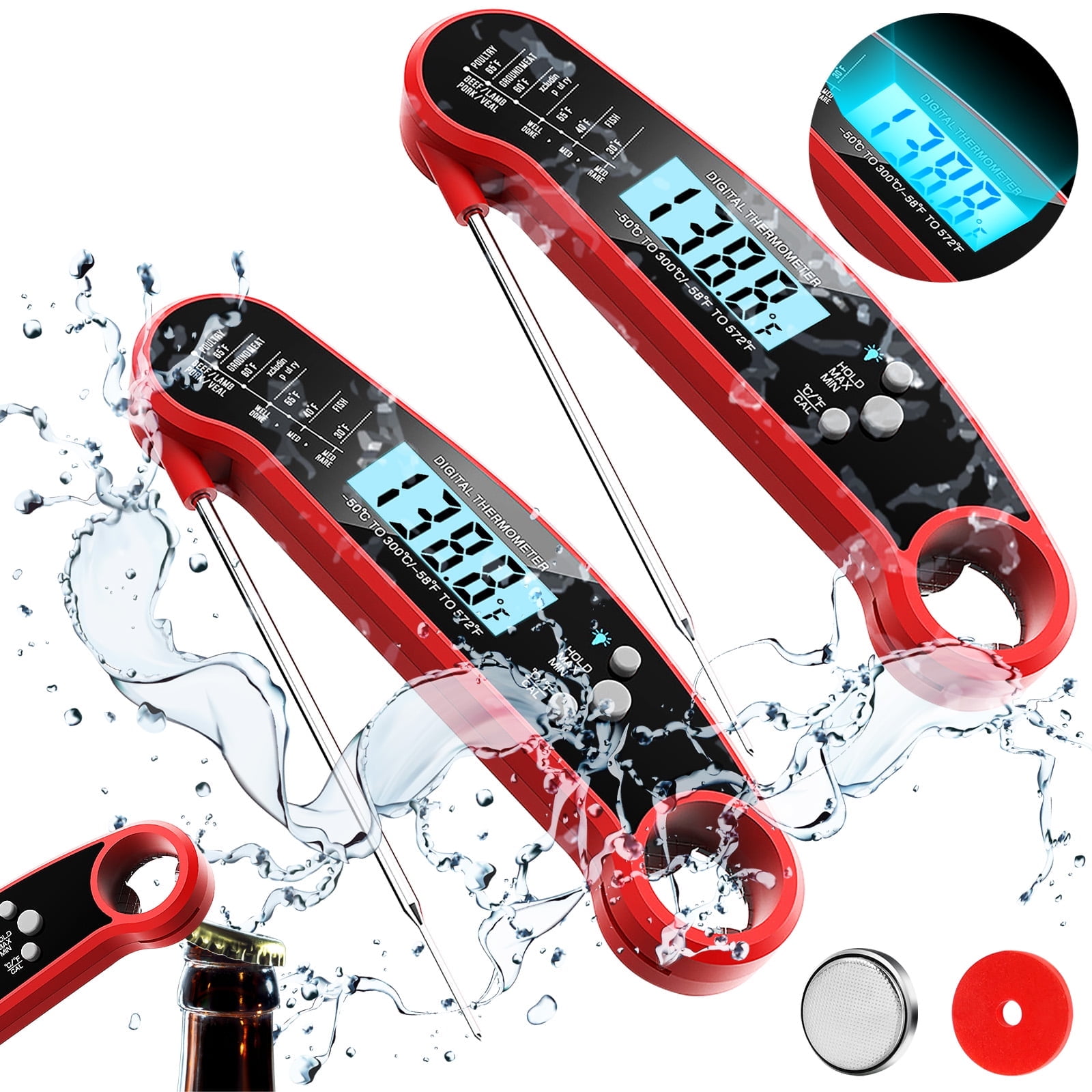 AGCAN Digital Meat Thermometer, 2 Pack Instant Read Food Thermometers, Waterproof Cooking Thermometer with Backlight for BBQ Grilling Cooking Liquids Beef