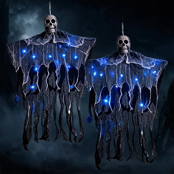 AGCAN 2 Pack Hanging Skeleton Decorations, Hanging Light Ghost, Articulated Arms with Hanging Ropes, Scary Halloween Haunted House Prop for Indoor Outdoor Yard Porch