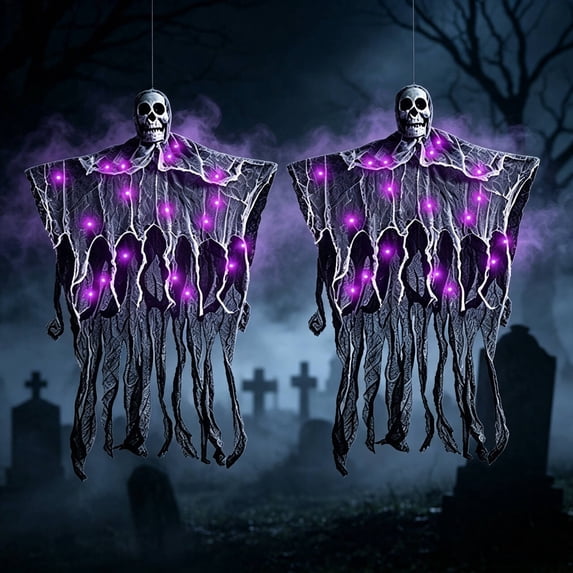 AGCAN 2 Pack Hanging Skeleton Decorations, Hanging Light Ghost, Articulated Arms with Hanging Ropes, Scary Halloween Haunted House Prop for Indoor Outdoor Yard Porch