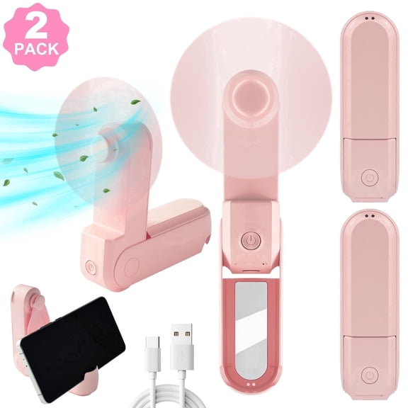 AGCAN 2 Pack Portable Handheld Fan, 3 in 1 Mini Fan Handheld with 3 Speed, 3-6 Hrs Foldable USB Rechargeable Pocket Fans for Travel, Cruise, Concerts, Makeup, Essential Gifts for Women, Pink
