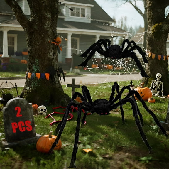 AGCAN 2PCS Halloween Giant Spider Decorations, 4.92FT Realistic Large Scary Props with Red Eyes for Indoor Outdoor Yard Garden Lawn Party Haunted House