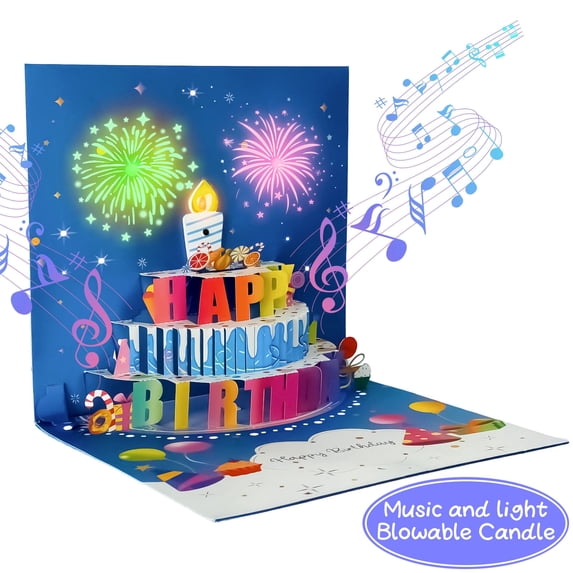 AGCAN 3D Pop Up Birthday Cards, Fireworks & Music Birthday Cards with LED Lights, Happy Birthday Card for Women, Men, Mom, Dad