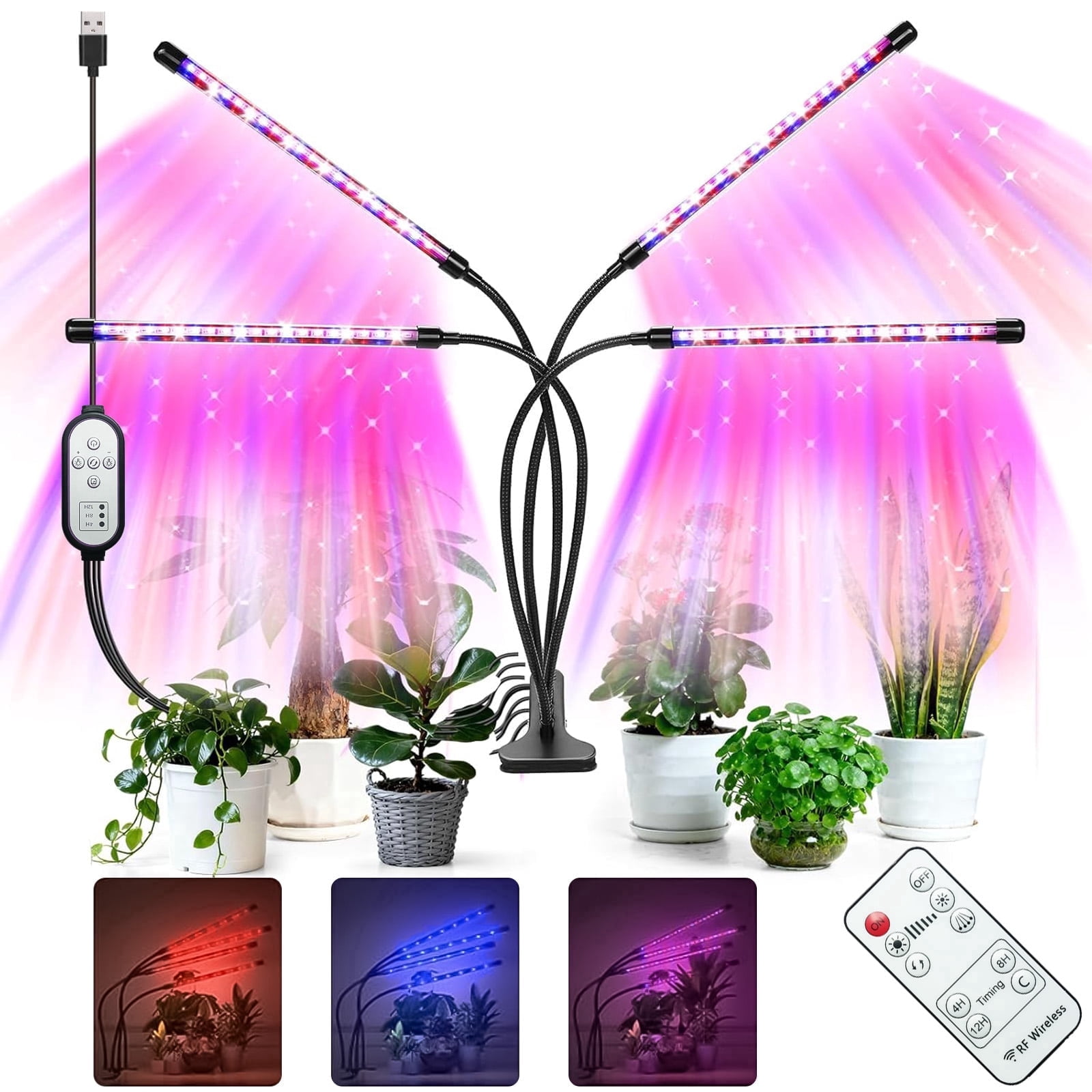 GPED Grow Light, 4 Head Adjustable Gooseneck, Red Blue Spectrum, Timer, 10  Dimmable Modes for Indoor Plants - Walmart.com