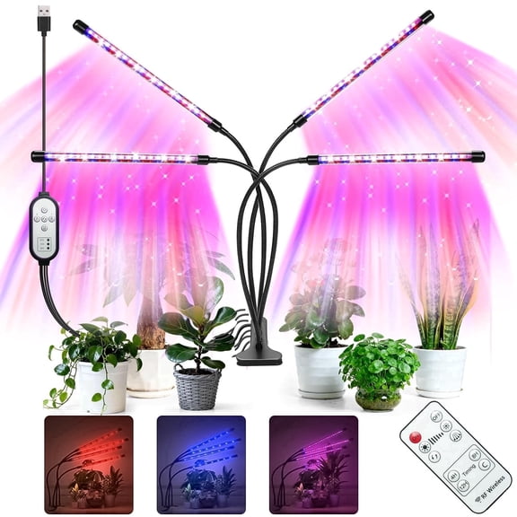 AGCAN Grow Lights for Indoor Plants, 4 Heads Full Spectrum Plant Growing Lamp with Remote Control, 3 Color Modes Plant Lights with Clip, Auto On/Off Timer 3/9/12H, 10 Dimmable Brightness