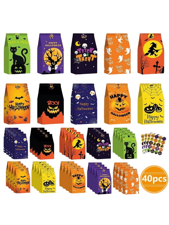 40 Pcs Halloween Treat Bags, Paper Goodie Bag with 48 Stickers, 10 Design, Party Favor Bags for Gifts, Halloween, Party