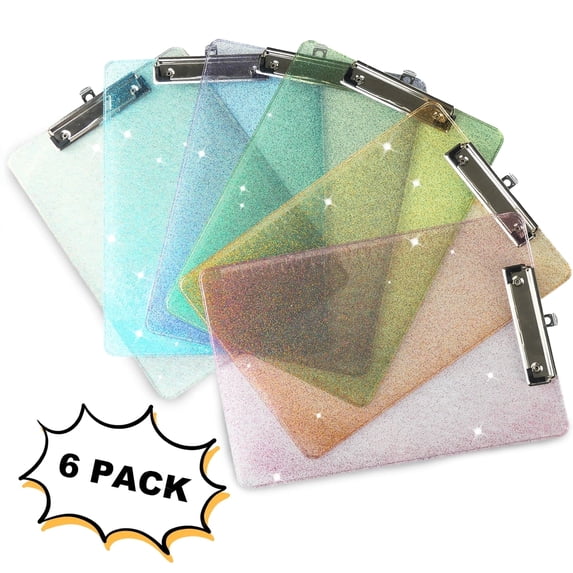 AGCAN 6 Pack Clipboards with Low Profile Clip, Glitter Clipboards, 9" x 12.5" Plastic Clip Board with Ruler Measurements, for Office Supplies Classroom Teacher College, Assorted Colors