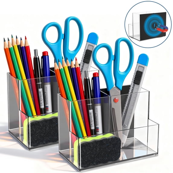 AGCAN 2 Pack Acrylic Magnetic Pen Holder, Magnetic Dry Erase Marker Holder with Powerful Magnets, Acrylic Pen Organizer Marker Organizer for Whiteboard, Refrigerator, Office Desk, Classroom, Locker