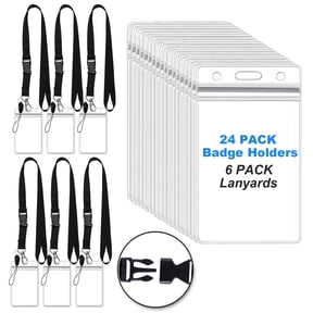 AGCAN 24 Pack Vertical ID Badge Holders, Sealable Clear Plastic Holder with 6 Lanyard, Waterproof Card Holder with Detachable Quick Release Snap Buckle Black Lanyard for Office Worker Teacher