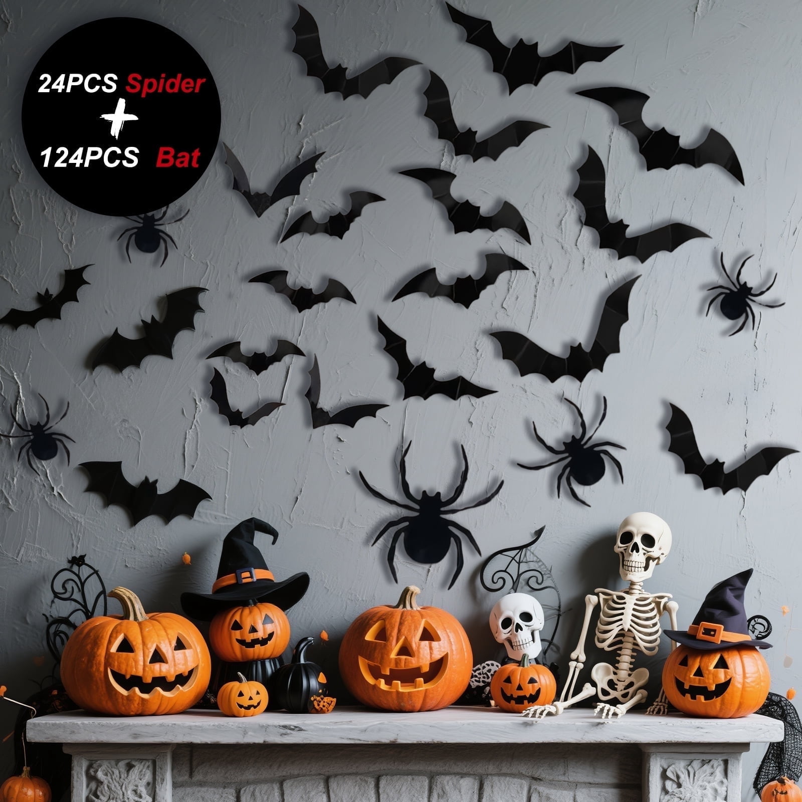 AGCAN Halloween Bats Wall Decoration, 124 Halloween Bat & 24 Spider