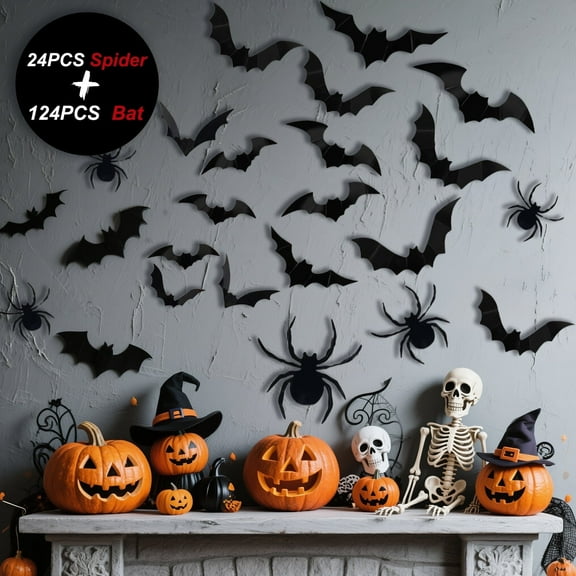 AGCAN Halloween Bats Wall Decoration, 124 Halloween Bat & 24 Spider Plastic Decor, 3D Scary Decor for Window Door DIY Halloween Party Supplies