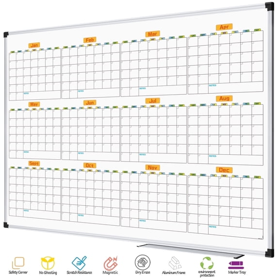 AGCAN Extra Large 12 Monthly Calendar Dry Erase Board 47" x 35" Jumbo Year Calendar White Board Wall Mount