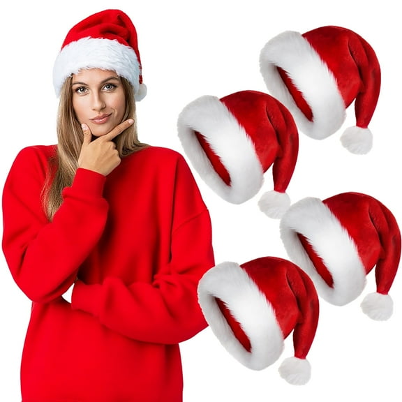 AGCAN 4 Pack Christmas Hat, Santa Hat Holiday Hat for Adults Unisex Women Men Comfort Extra Thicken Velvet Long Fur Xmas Hat for New Year Festive Party Supplies
