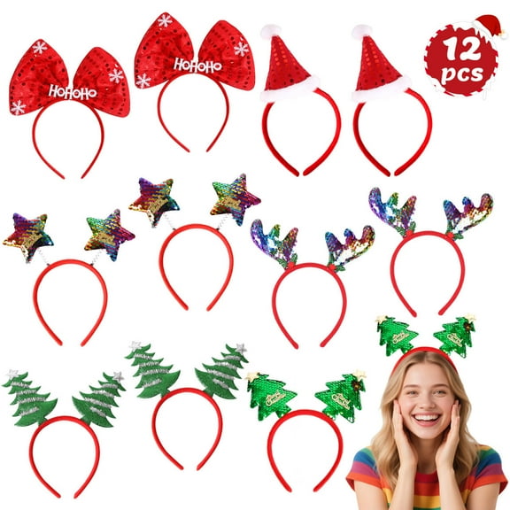 AGCAN 12 PCS Christmas Headbands with Different Designs Costume Headwear for Women Men Xmas Santa Holiday Accessories Decorations Party Favors Photo Booth, One Size