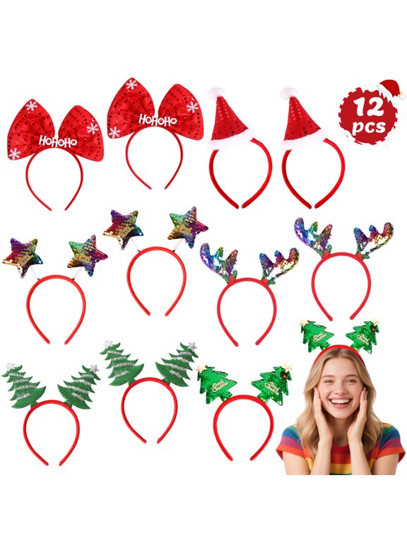 12 PCS Christmas Headbands with Different Designs Costume Headwear for Women Men Xmas Santa Holiday Accessories Decorations Party Favors Photo Booth, One Size