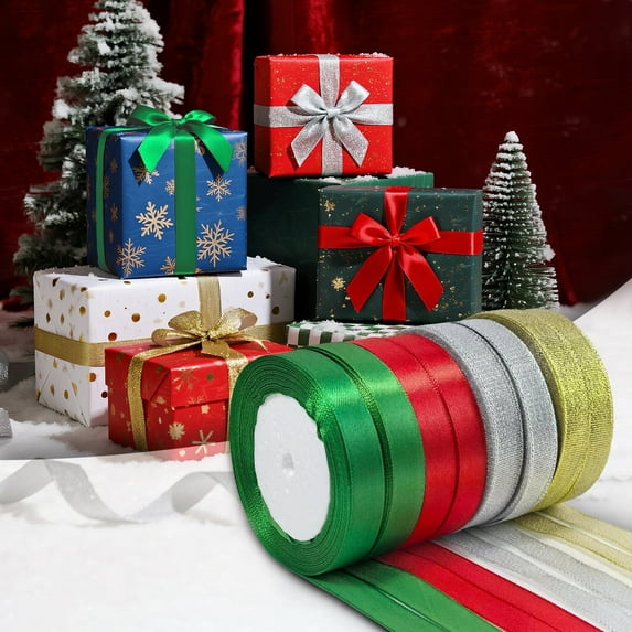 AGCAN Christmas Ribbon, 8 Rolls 200 Yards Holiday Ribbons for Gift Wrapping Crafts DIY Holiday Christmas Decorations, 3/5 Inch Wide, Red Green Silver Gold